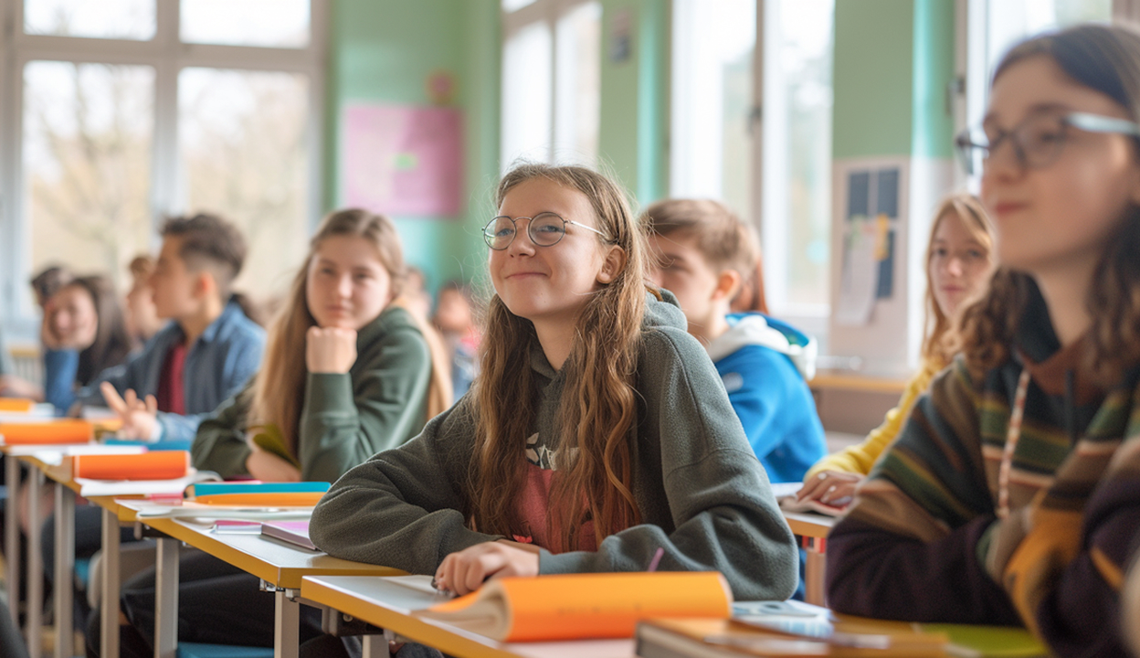Happy highschool children learning at school